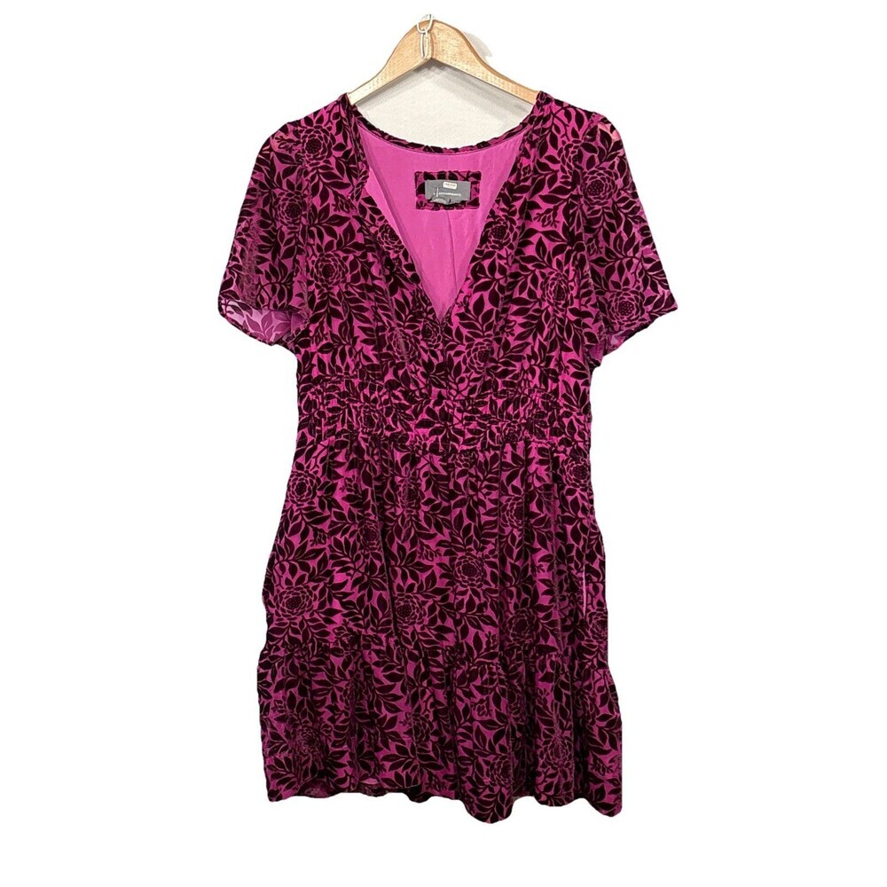 Anthropologie Somerset Velvet Mini Dress Large Magenta Burnout Floral Smocked